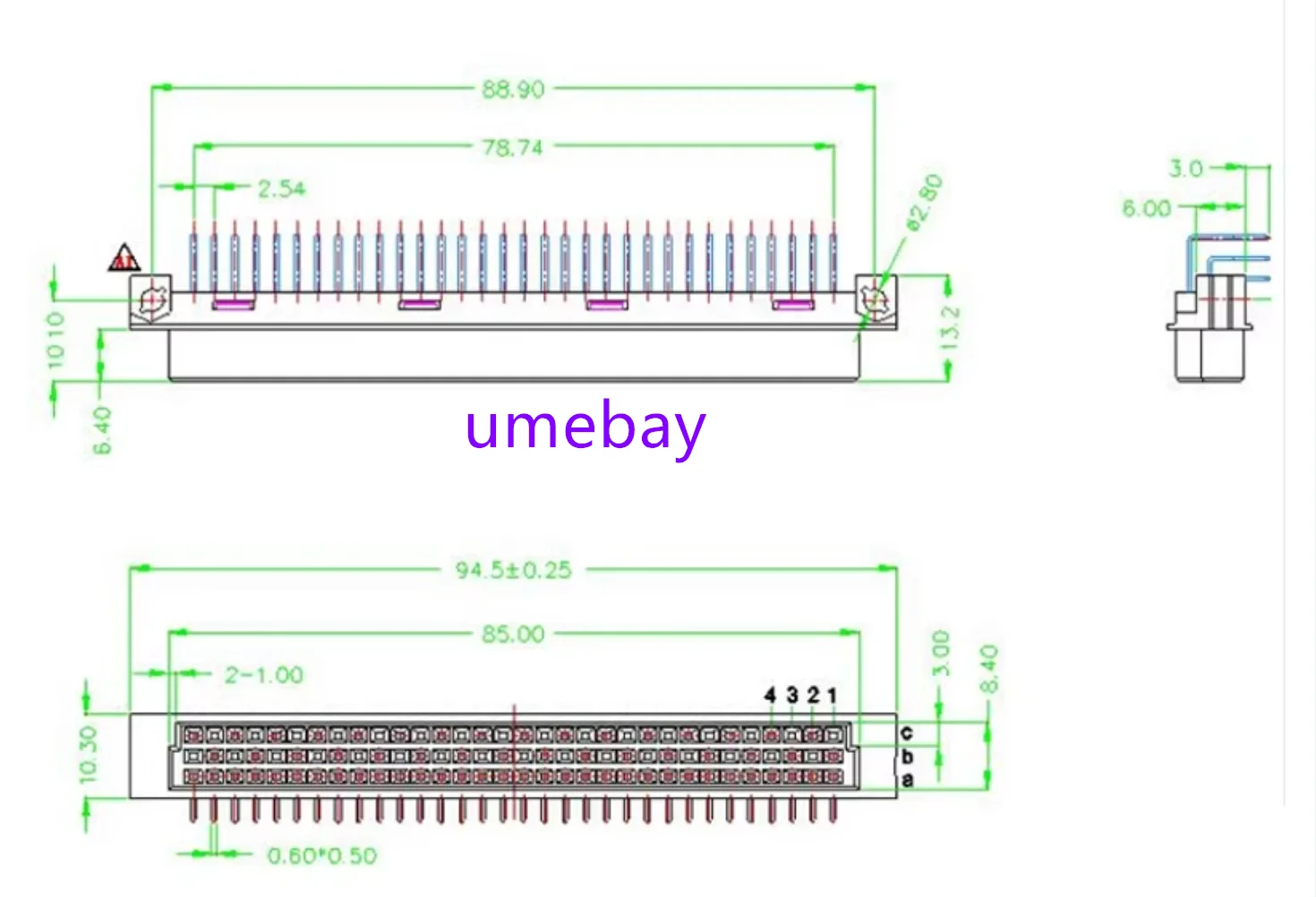 10pcs /  European socket 9001-14961COOA C00A 396 bent hole bent female 3 * 32P female head with three rows of 96 cores