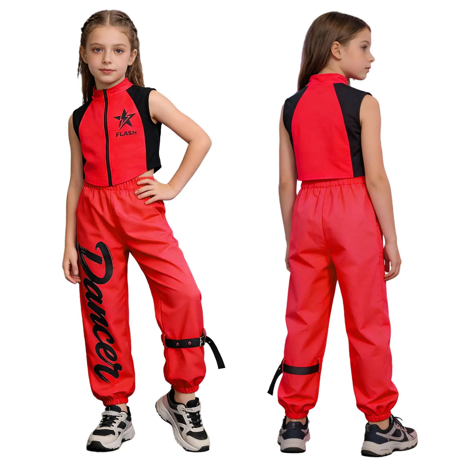 

Детские костюмы для современного уличного танца в стиле хип-хоп для девочек, комплект из 2 предметов: укороченный топ без рукавов на молнии и брюки с буквенным принтом