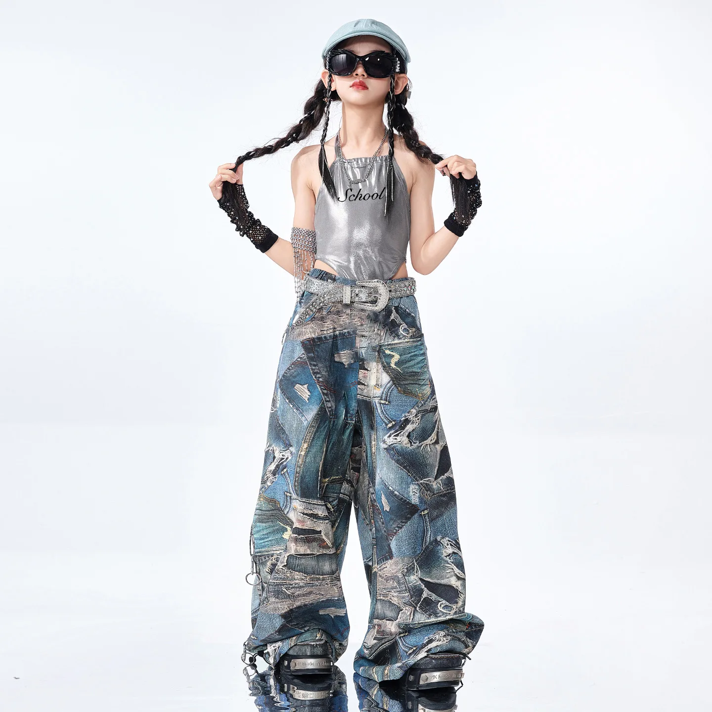 Mädchen Hip Hop Shiny Crop Camouflage Cargo Hosen Kinder Street Dance Mädchen Gruppe Kostüme Kinder Streetwear Jazz Kleidung Sets
