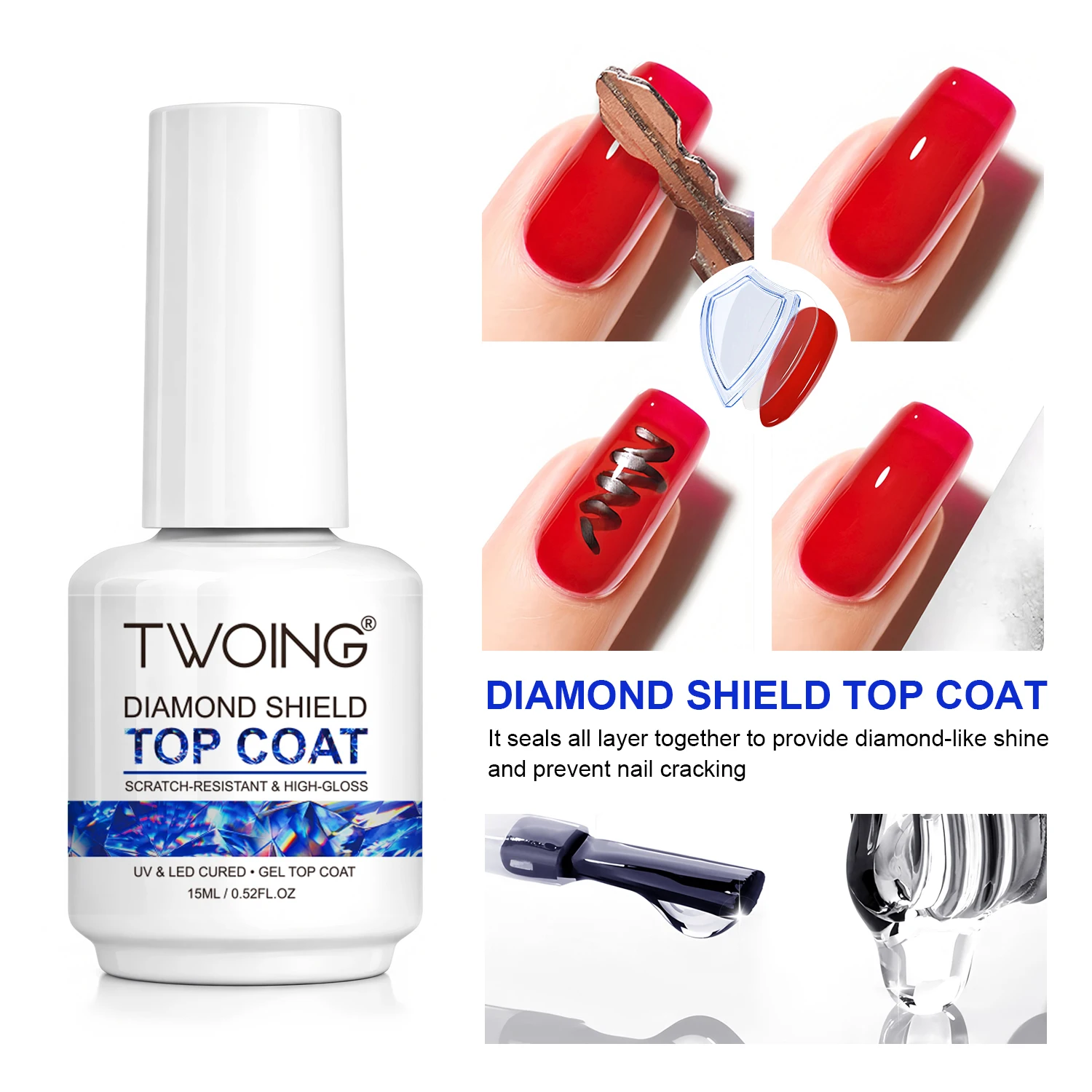 TWOING Rubber Build Base Coat & Diamond Shine No-Wipe Top Coat Set 15ml+15ml, UV LED Gel for Stronger Nails, Long-Lasting Gloss