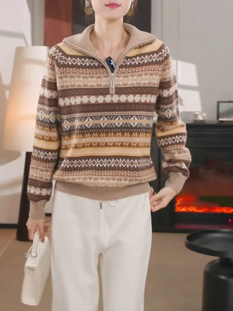 

Retro Faion Knitted Sweater with Stand Collar f Zipper Large Size Autumn New Sle for Women Warmth Bearing Long Sve