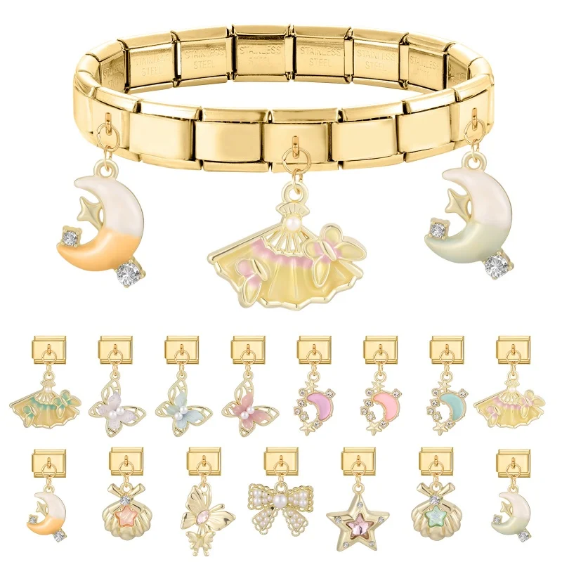 Golden Charm Shell Butterfly Star Moon Cherry Italian Charm Links Fit 9mm Bracelet Stainless Steel DIY Jewelry Making Wholesale