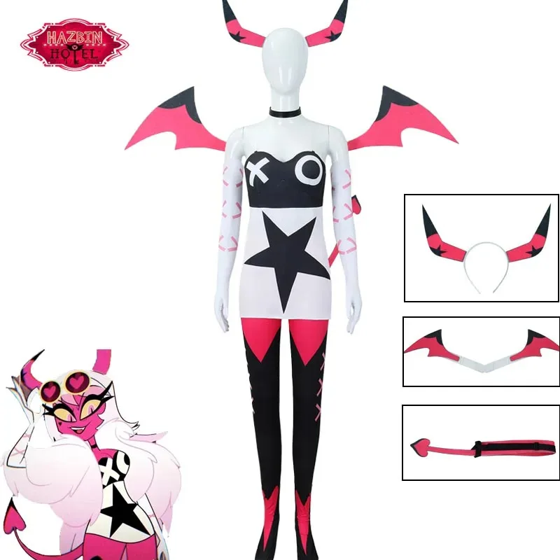 أزياء أنيمي هازبين هيلوفا بوس فيروسيكا التأثيرية أزياء الفندق الجناح الذيل أغطية الرأس مجموعة كاملة ملابس حفلات الهالوين للنساء
