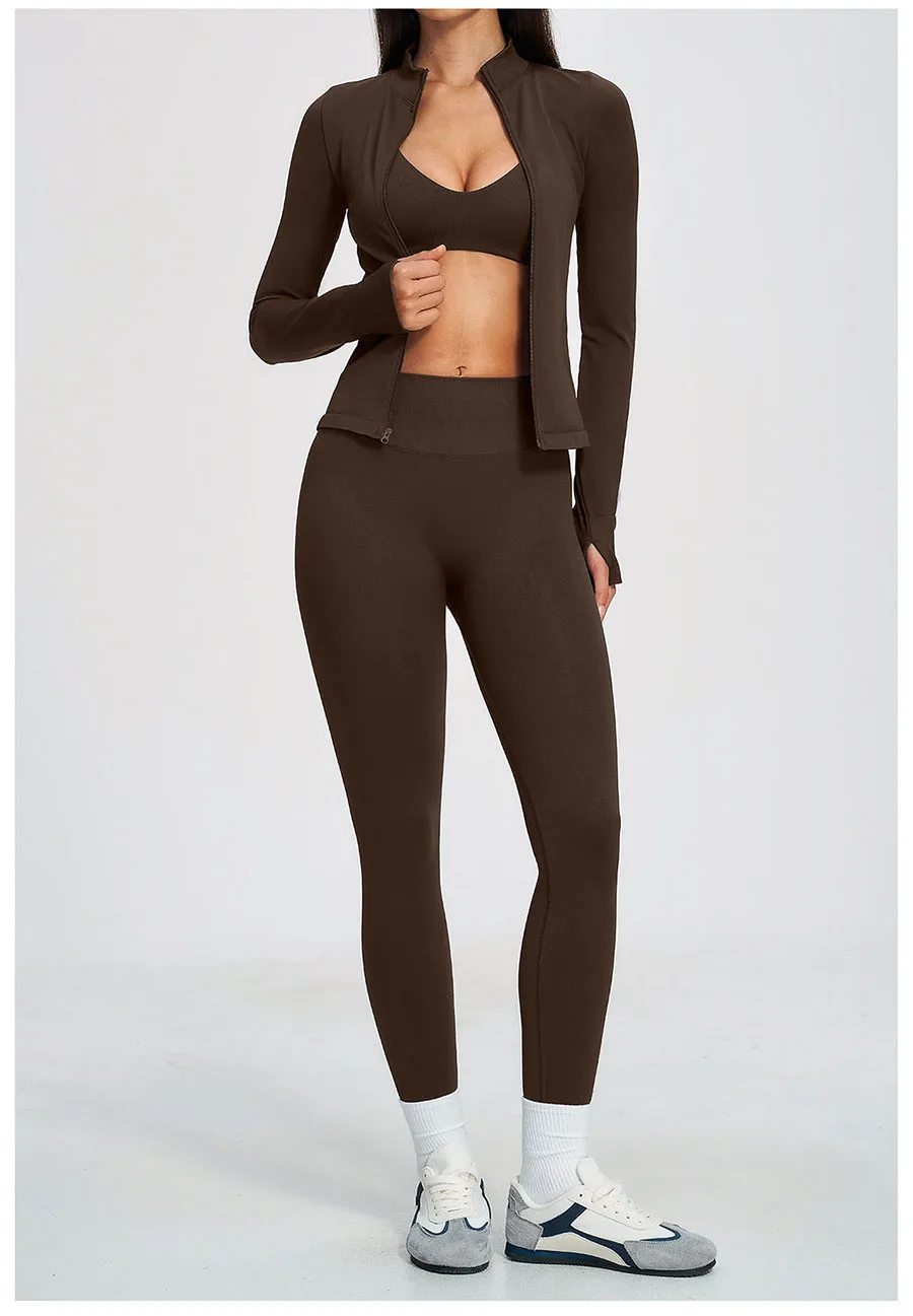 Nahtloses Yoga-Set 3-teilig, Sportbekleidung für Damen, Langarm-Trainingsanzug, Fitness-Set, Sport-BH, Leggings, Sportanzug – Detail 19