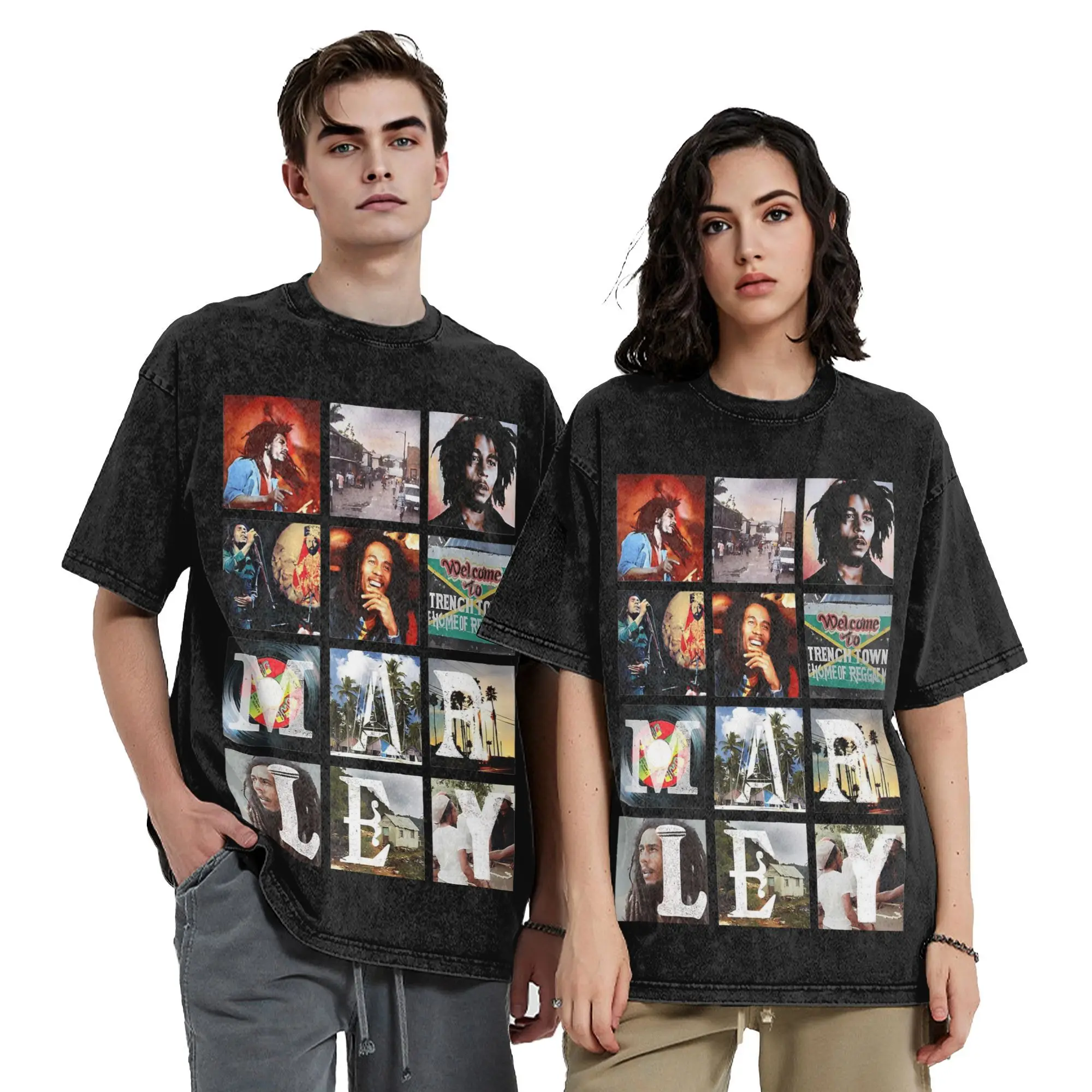 Streetwear Bob Marley Collage Reggae Vintage Washed T-Shirt Men's Cotton Short Sleeve Jamaican Music O-neck Summer Clothes