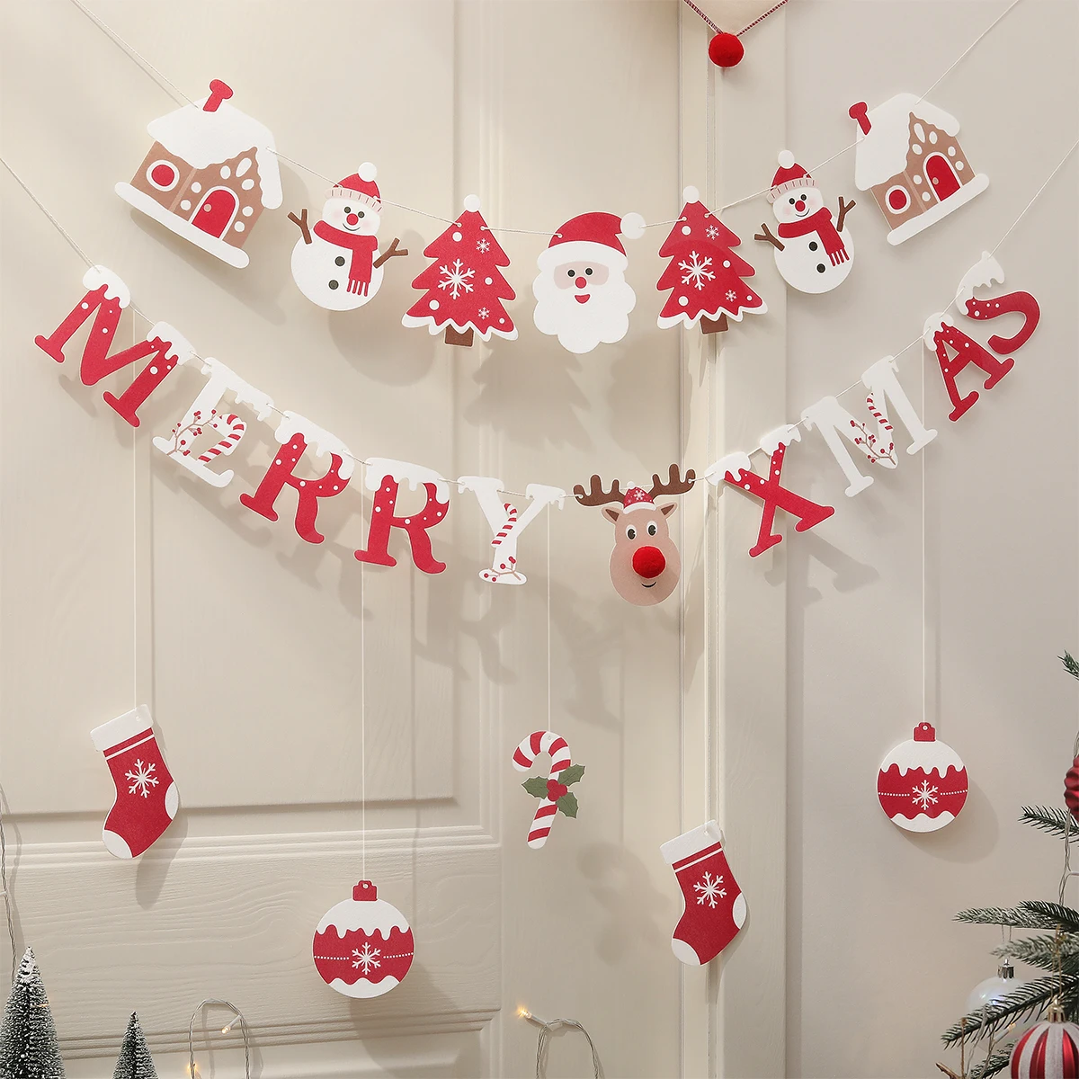 Feliz Navidad Árbol de Navidad Tirar Bandera Reno Hombre mayor Regalo rojo Decoración de fiesta Banner Adorno colgante Bola de piel Colgante 1 pieza