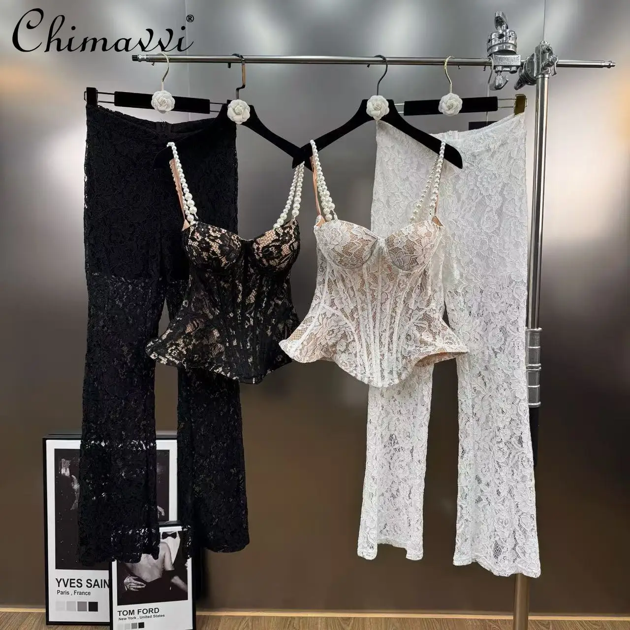 

2026 Spring Summer Heavy Pearl Shoulder Strap Lacecut Out Slim-fit Puffy Suspender Tops Pants Silm Elegant Women's Two-piece Set