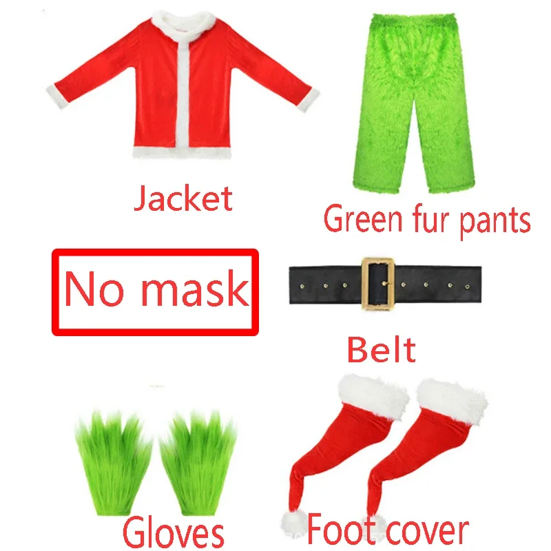 

Christmas Green Fur Monster Cosplay Costume Santa Claus Suit Anime Clothes Adult New Year Funny Mask Gloves Party Halloween Set