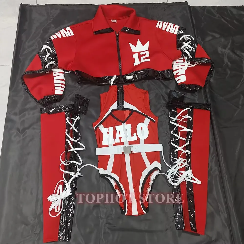 النساء الهيب هوب الجاز ملابس الرقص الأحمر رسالة سترة ارتداءها سحب الملكة زي حفلة الهذيان الزي ملهى ليلي بار عرض المرحلة ارتداء