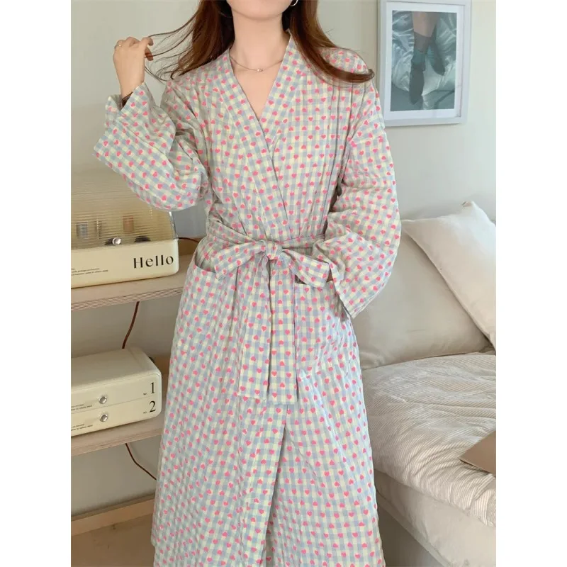 bathrobe women\'s bathing love plaid loose long sleeve long kimono V-neck lace up trousers nightgown sexy robe women\'s girl