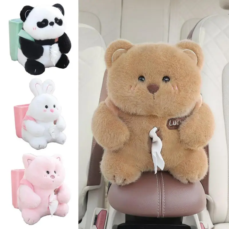 

Car Armrest Box Tissue Box Anti Leakage Water Can 2 in 1 Cute Plush Animal Tissue Holders Car Armrest Tissue Case Car Trash Can