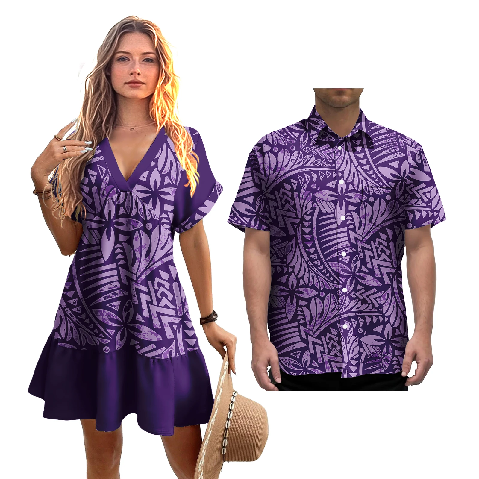 

Comfortable Soft Summer Women's V-neck Sexy Dress And Men's Hawaii Aloha Shirts Couple 2 Pcs Suit Samoan Custom Pattern