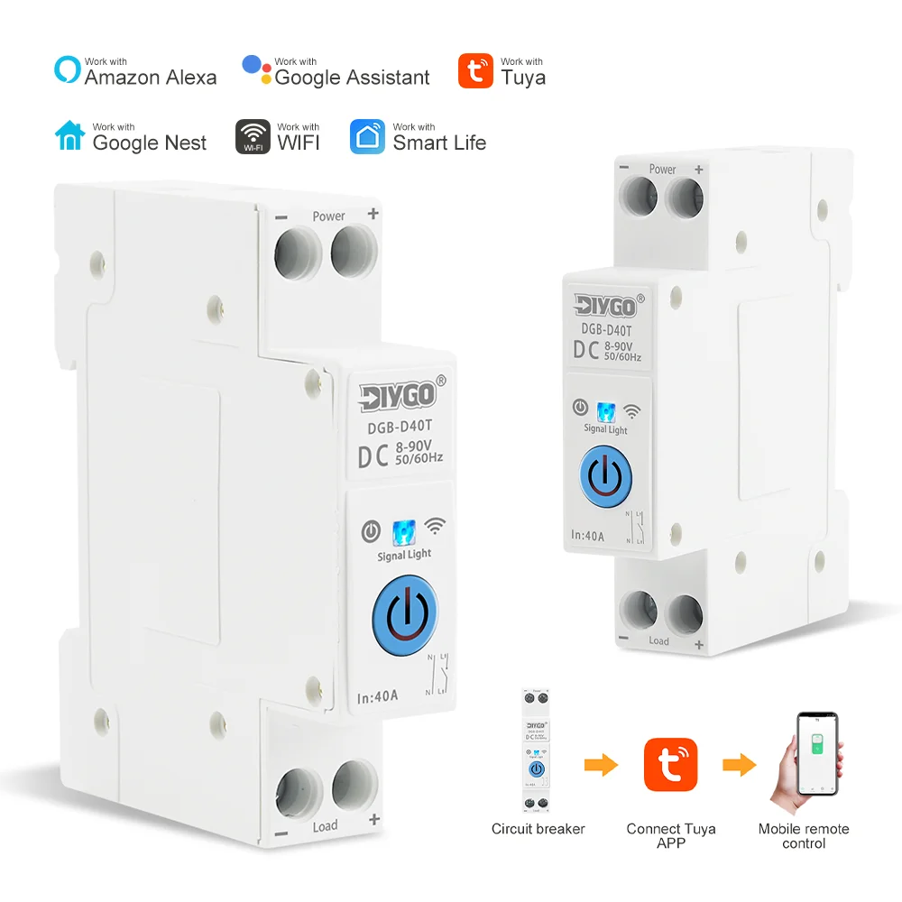 DIN Rail DC Smart WiFi Circuit Breaker 40A 8-90V Tuya Smart Life App Control Timing Voice Control Compatible With Alexa Google