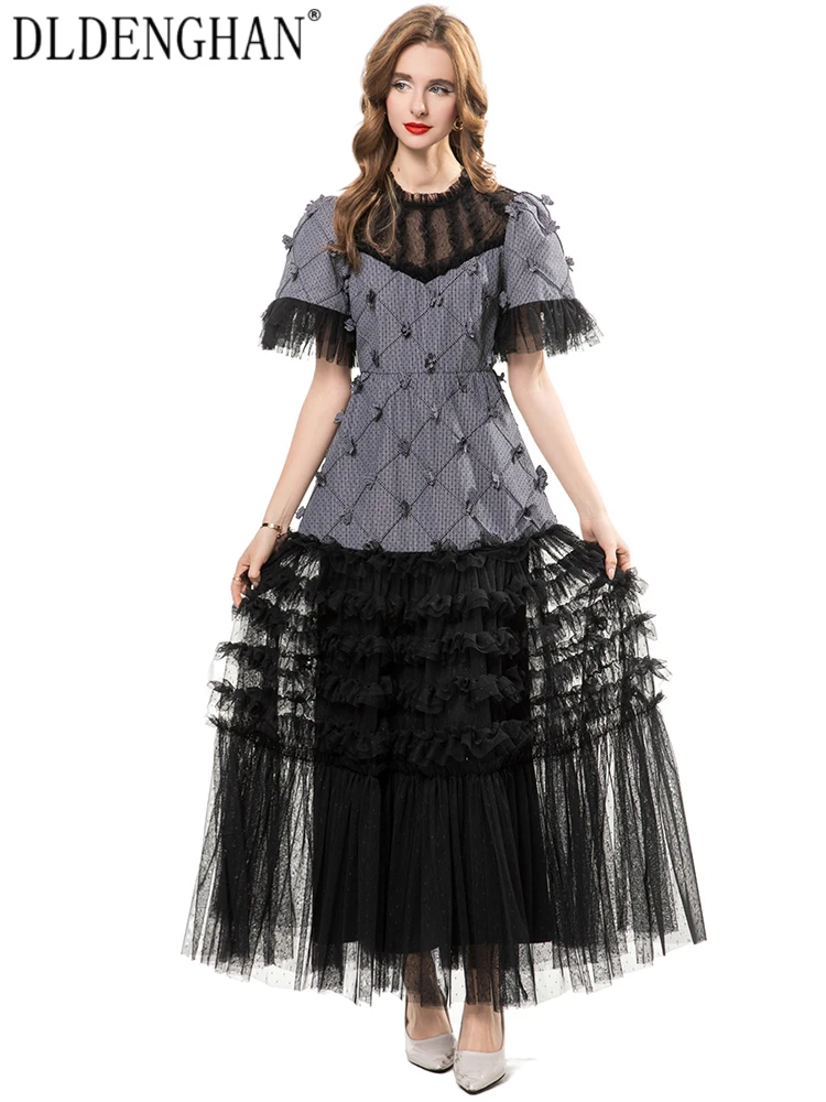 

DLDENGHAN Plaid Print Appliques Dress For Women O-Neck Flare Sleeve Ruffles Mesh Patchwork Ruffles Vintag Party Long Dresses