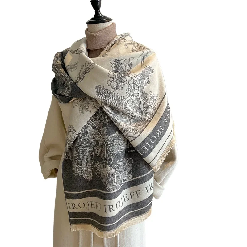 المرأة الجاكار المشهد اللوحة وشاح تقليد الكشمير سميكة الدافئة طويلة وشاح الموضة مكتب غرفة تكييف الهواء