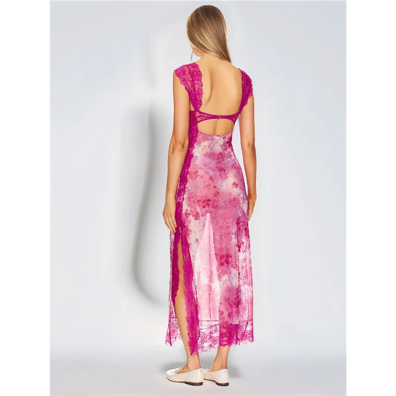 เดรสยาวผ้าลูกไม้แต่งตาข่ายลายดอกไม้ คอวีเว้าหลังผ่าข้าง แต่งผ้าลูกไม้ แต่งตาข่าย สไตล์ Y2K สำหรับฤดูร้อน