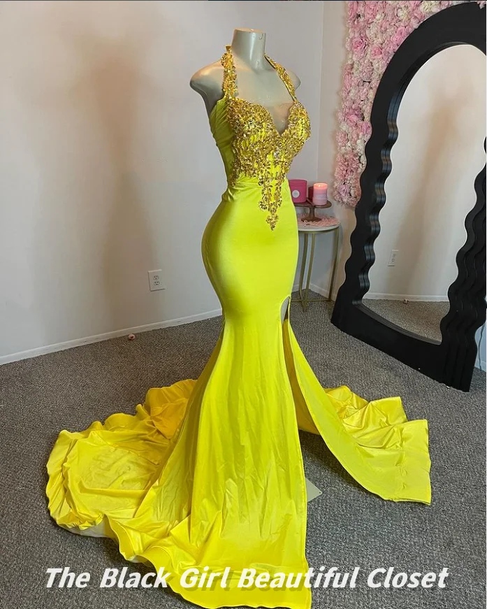 Yellow Halter V Neck Evening Black Girls Glitter Diamante Beaded Party Dresses High Slit Backless Party Dresses