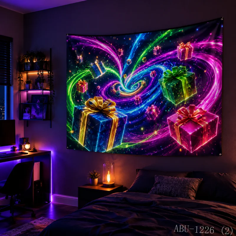 VIKAMA Purple Green Dreamy Lotus Nebula Gift Box Christmas Tapestry HD Background Wall Room Decoration