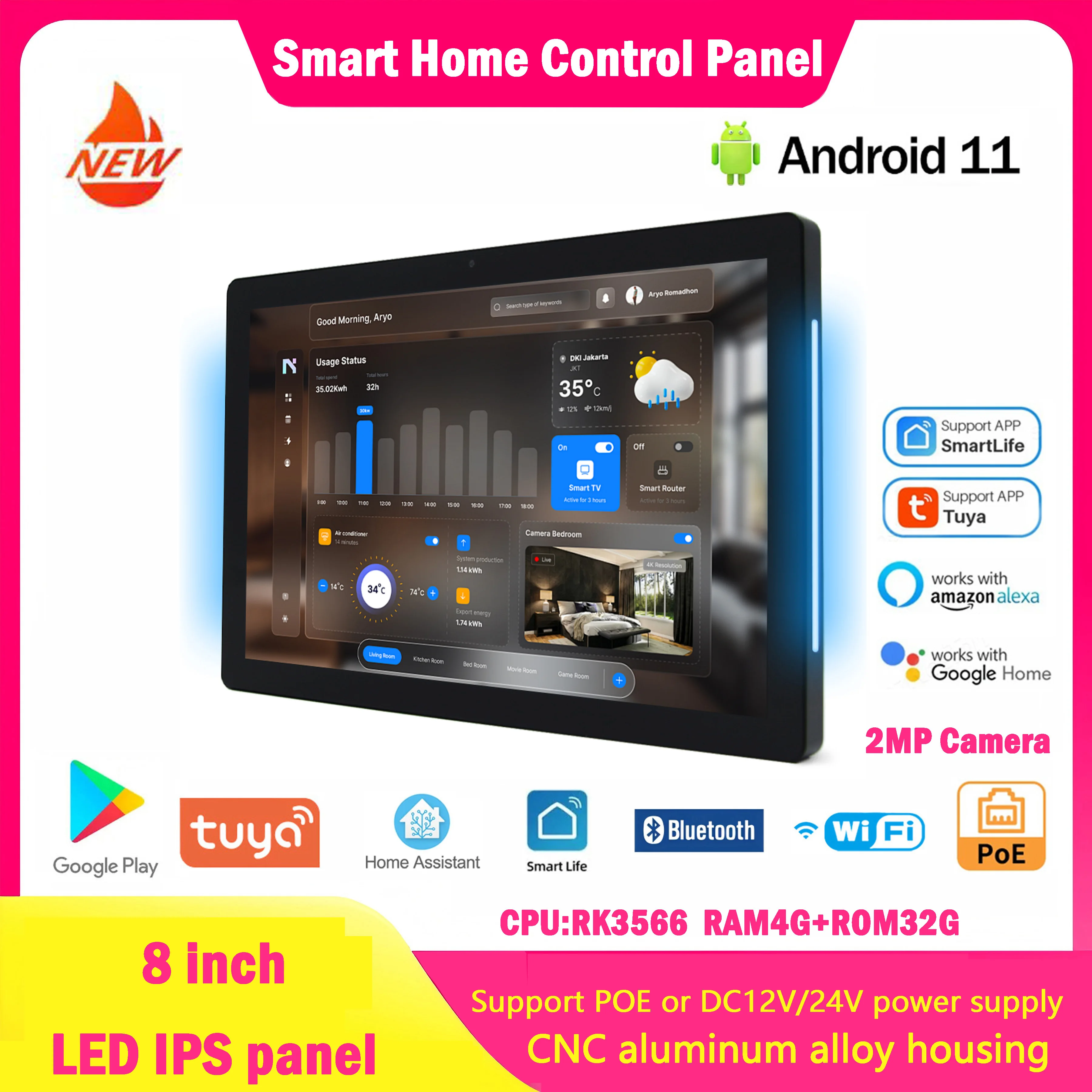 

New 8 inch wall mounted smart home control panel Android 11 POE Android tablet with light on both sides and RS485 RK3566 4G+32G