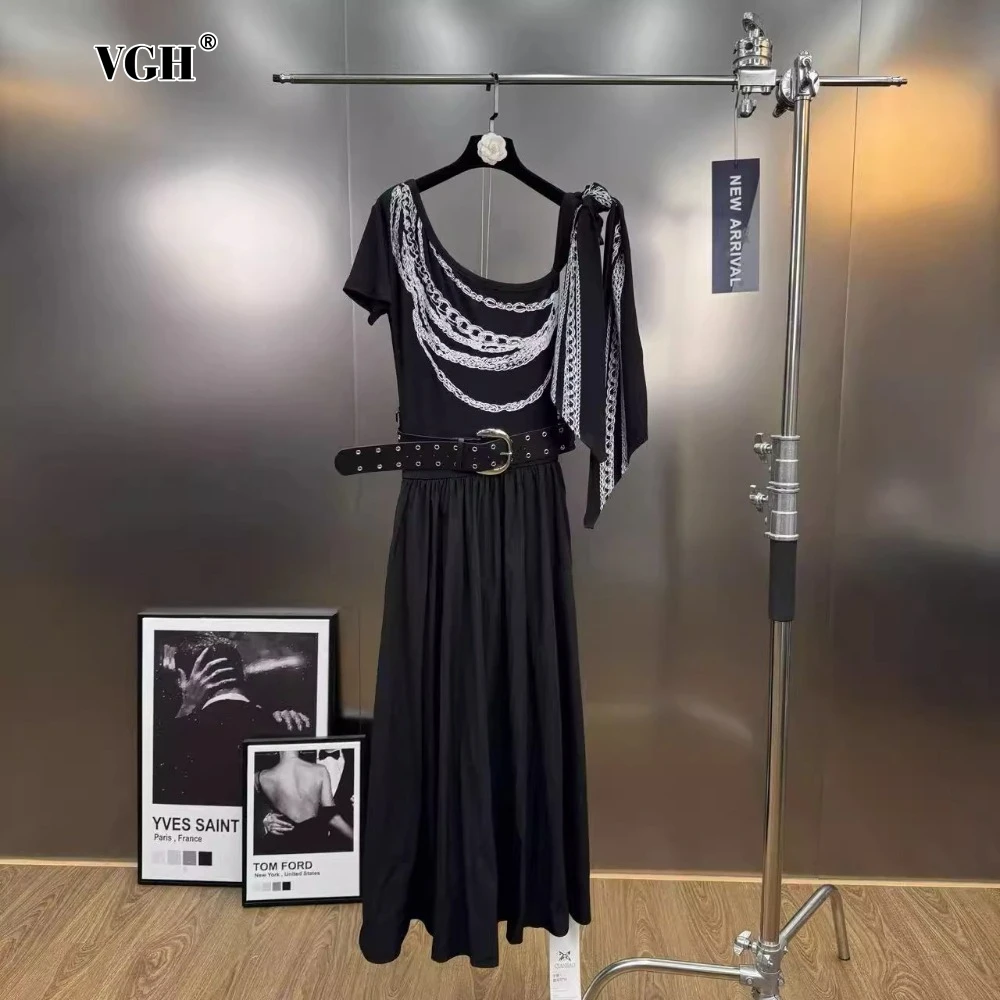 

VGH Colorblock Streetwear Spliced Lace Up Dress for Women Diagonal Collar Off One Shoudler High Waist Long Dresses Female Summer