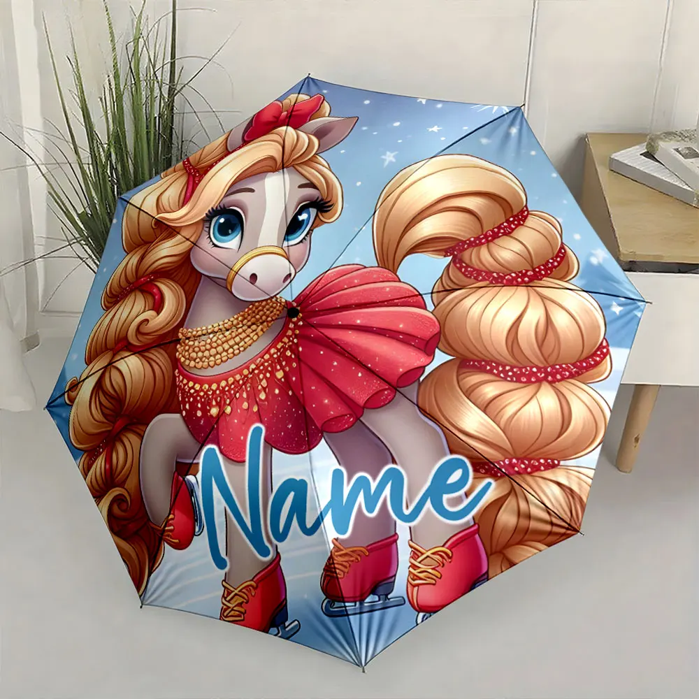 Custom Name Stylish Horse Design Umbrella for Kids Print 8 Iron Ribs Folding Umbrella Auto-Open Fashion Sunshade
