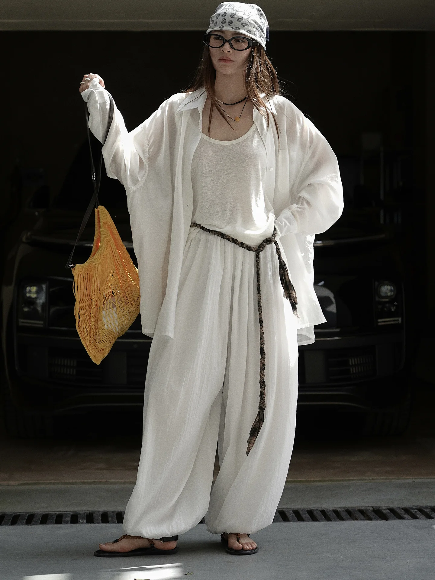 SuperAen 2025 여름 새로운 한국 스타일 거즈 블루머 패션 여성 특대 높은 허리 긴 바지