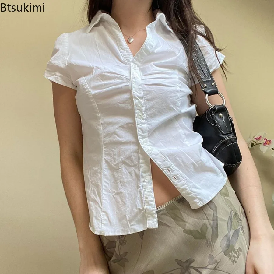 

New 2025 Summer Vintage Folds Crop Top White Button Up Short Sleeve Blouse Women Bandage Fashion T-shirt Casual Streetwear Y2k