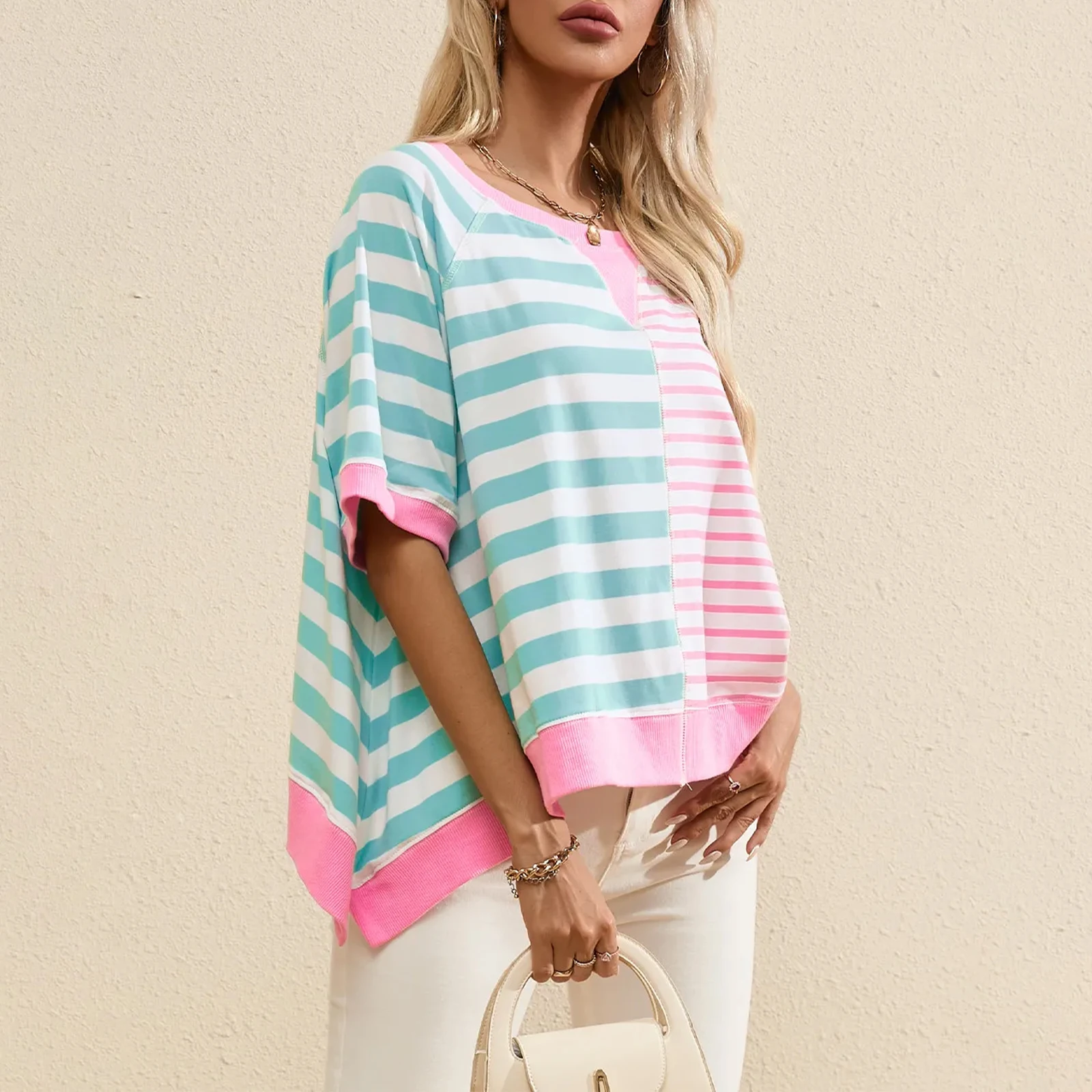 Women Stripe Contrast Patchwork Oversized T Shirt Short Sleeve Round Neck Tees High Low Hemline Chic Colorblock T-Shirts Daily