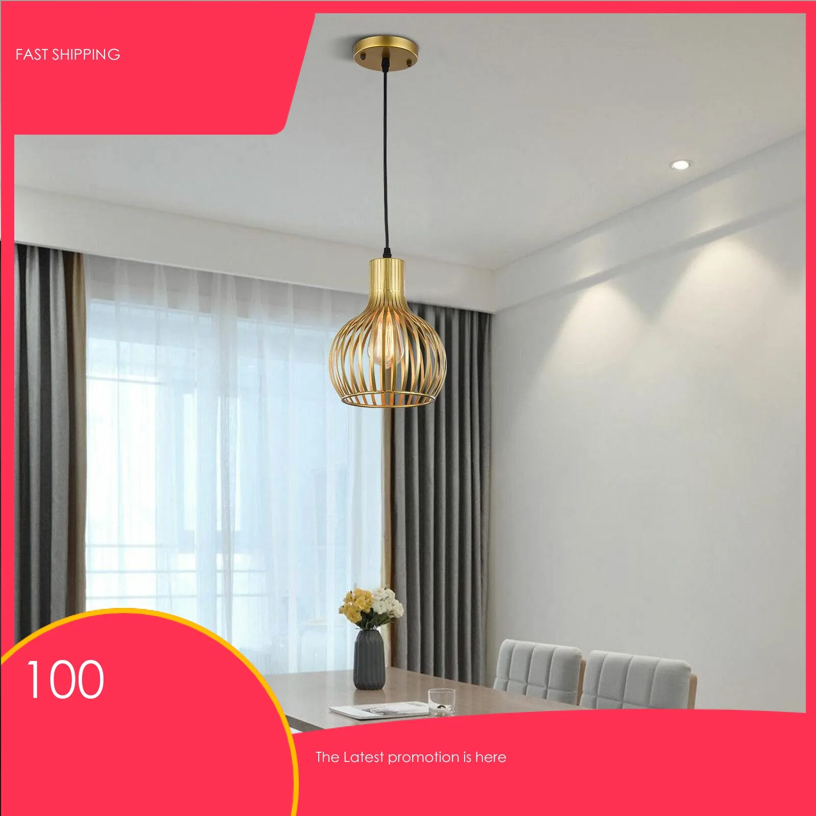 

110V-120V Gold Cage Pendant Light Modern Industrial Ceiling Hanging Lamp Fixture Kitchen Hallway Dinning Room Loft