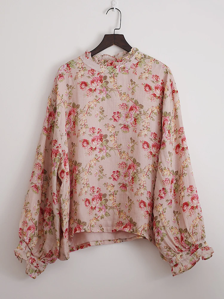 Women Long Sleeve Blouses Shirts New 2025 Spring Vintage Style Half High Collar Floral Print Loose Female Casual Tops M1350