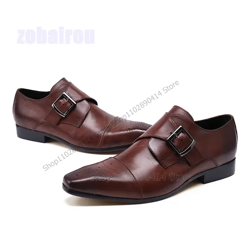 

Brown Buckle Decor Square Toe Breathable Men Shoes Fashion Slip On Male Shoes Luxurious Handmade Party Business Men Dress Shoes