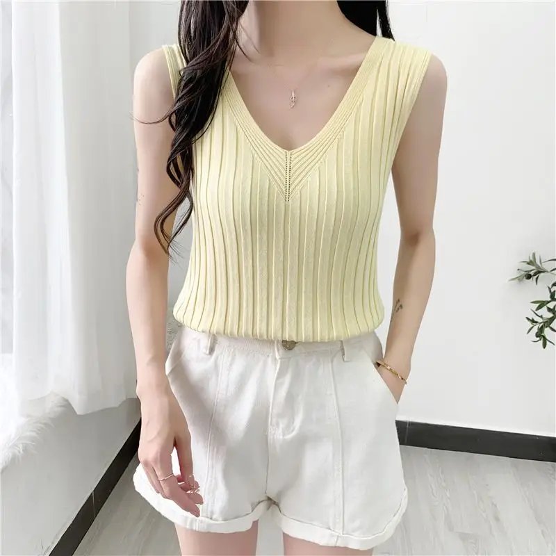 Basic Solid Color Knitted Tank Tops Summer Thin Sleeveless Women's Clothing Casual V-Neck Commute Sports Breathable Pullovers