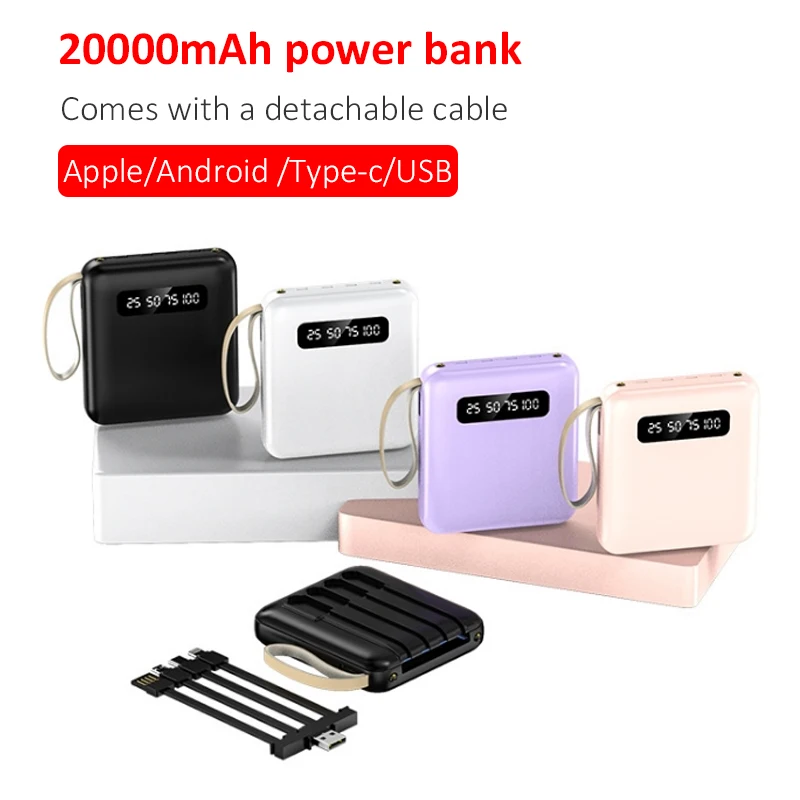 

20000mAh Mini Power Bank 4-in-1 Fast Charging Cable Mobile External Portable Battery Charger for IPhone Samsung Huawei Xiaomi