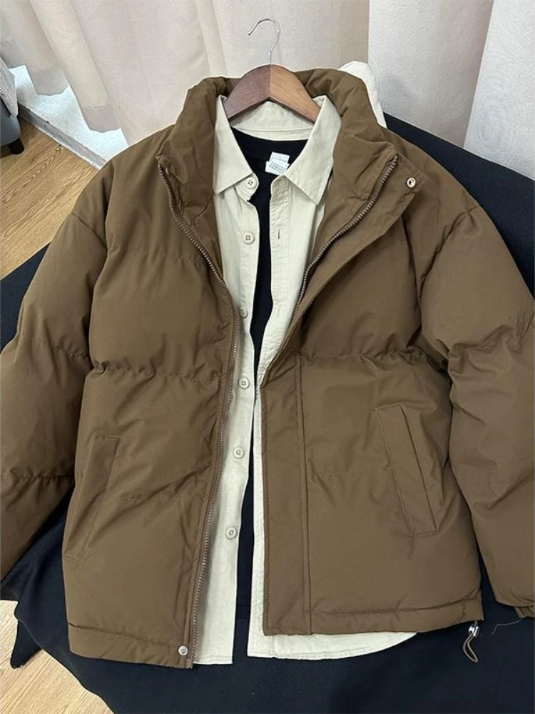 

Мужская зимняя толстая теплая стеганая куртка из искусственного меха на хлопковой подкладке, винтажная куртка-пуховик кофейно-коричневого цвета с воротником-стойкой, чистый стиль