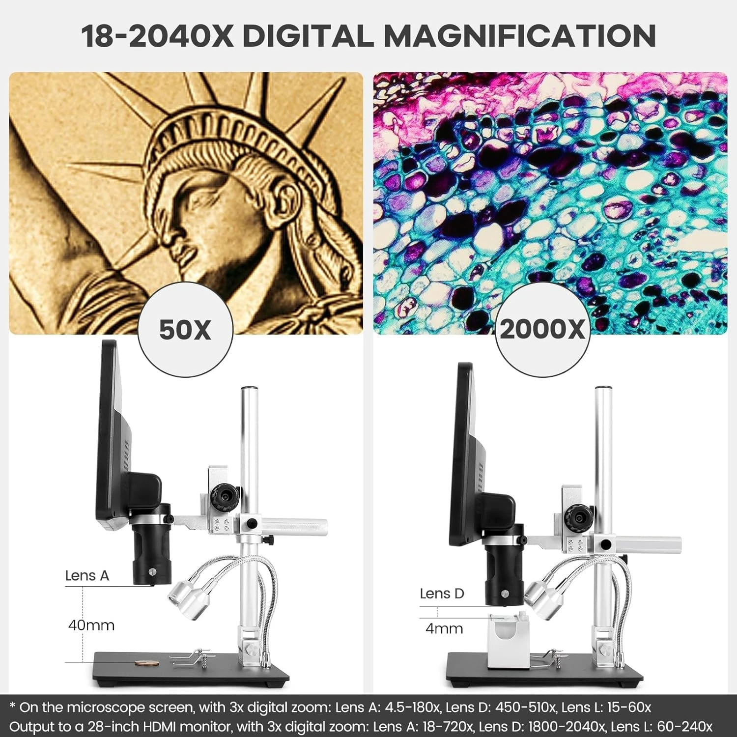 Andonstar AD249S-M 10.1'' IPS LCD UHD 2160P Digital Microscope 2000X With 3 Lens For PCB Phone Repair Soldering Microscopio