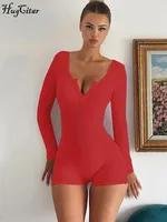 Hugcitar Spring Ribbed Solid Square Collar Long Sleeve Buttons Sexy Bodycon Skinny Playsuit Women Casual Romper Streetwear Sport - Image 3