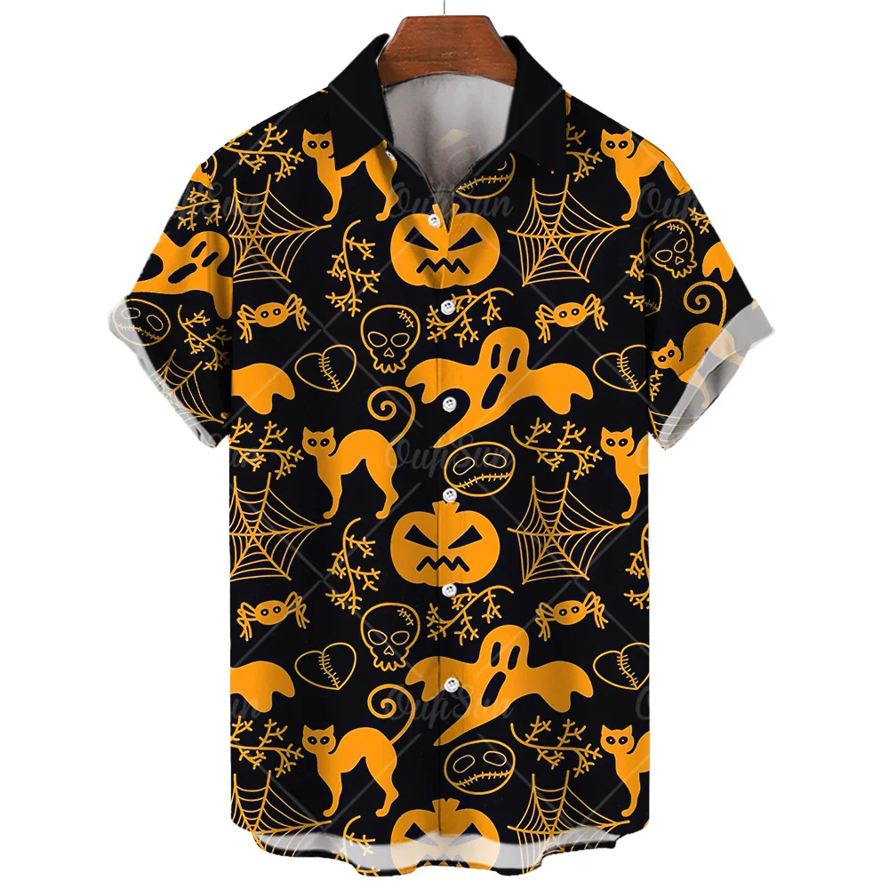 Halloween Shirt For Men Fashion Short Sleeve Tops Little Devil Print Hawaiian Shirts Casual Beach Travel Oversized Men\'s Clothes