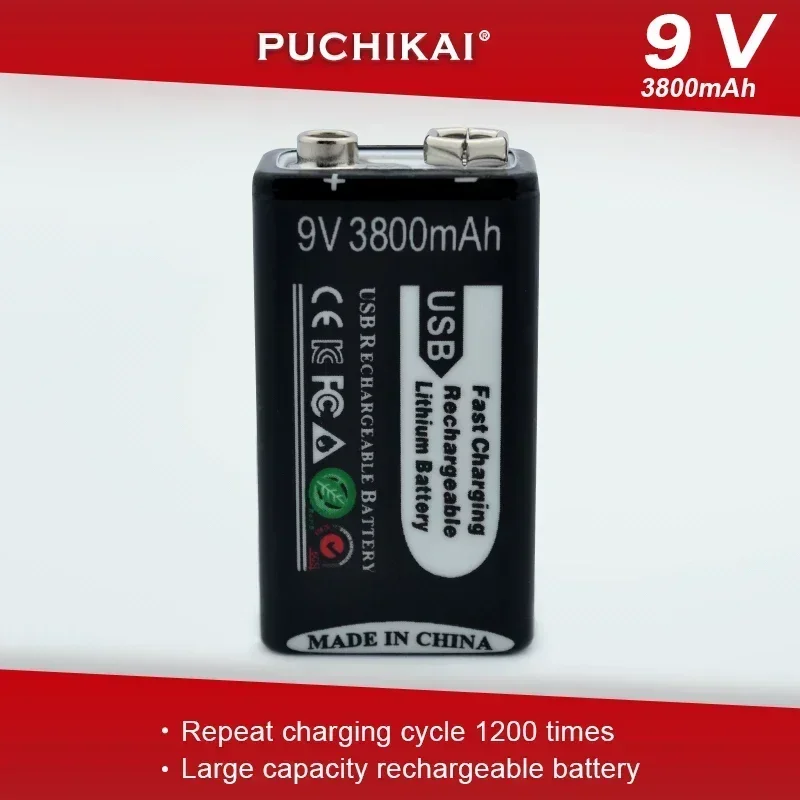 9V 3800mAh polymer lithium-ion rechargeable USB Type-C battery, suitable for multimeter, microphone, toy remote control, KTV+USB