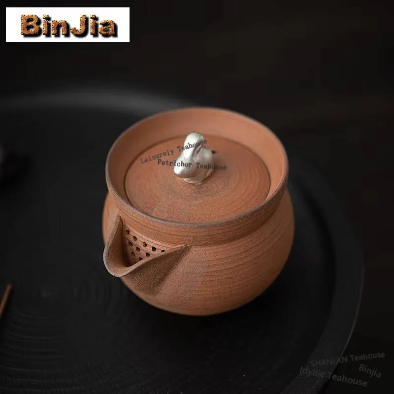 180Ml Retro Coarse Pottery Old Rock Mud Hand Grab Po Japanese Gilded Sier Rabbit T Pot Tea Brewing Filter Kettle Kungfu Teaset