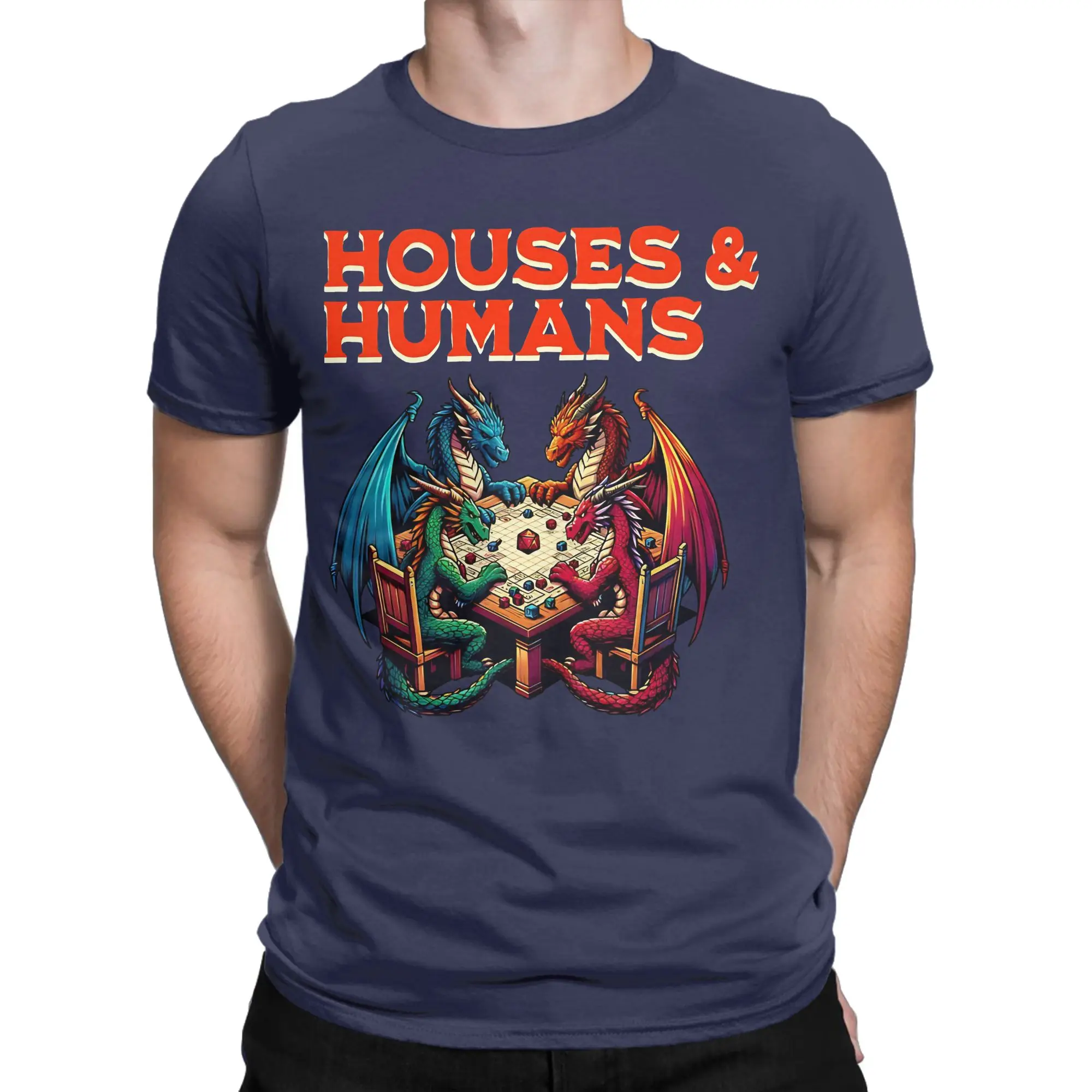 Vintage Houses and Humans funny DnD  T Shirt For Men Women Round Neck Short Sleeve Top Tee  Cotton Summer Top Tee