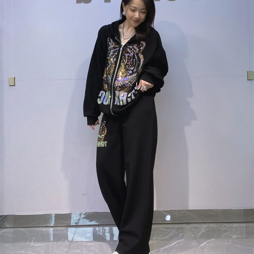 New Autumn Winter Women Two-piece Set Domineering Tiger Hot Diamonds Zip Hooded Coat + Elastic Waist Casual Straight Trousers