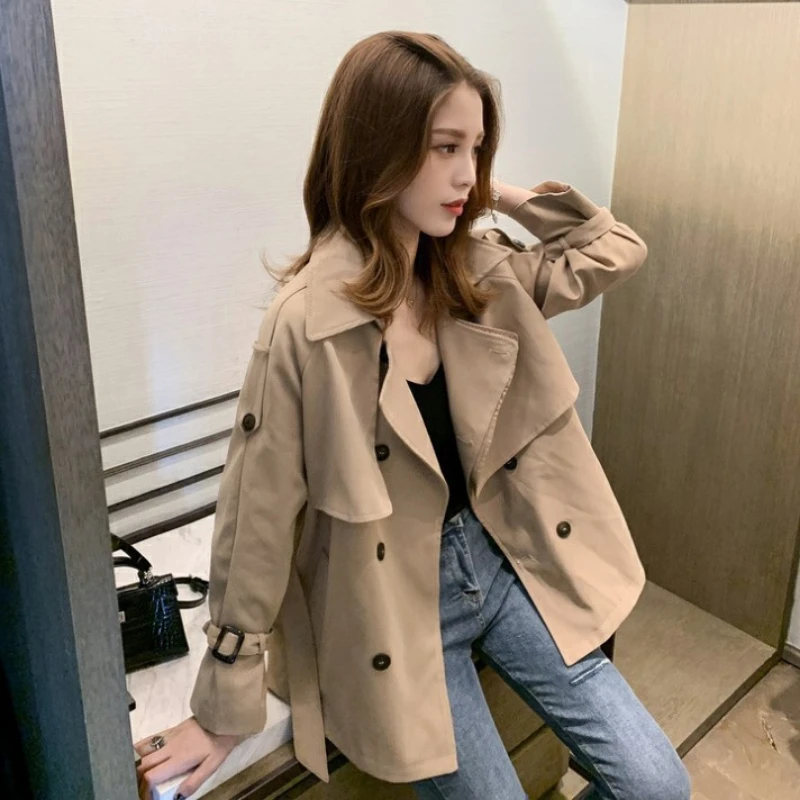 2024 Autumn Spring Loose Trench Coat New in Outerwears Short  Plus Size Coats Khaki Spliced Women Windbreaker Belted Outerwear