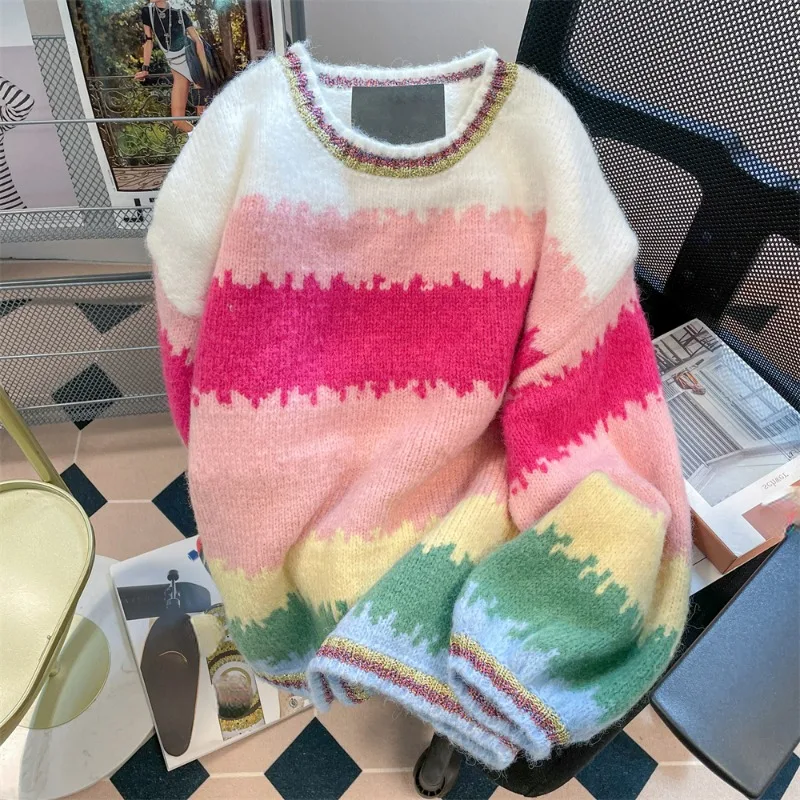 

2023 New Autumn Winter Vintage French Knit Jumpers Contrast Color Rainbow Stripe Bottoming Sweater Y2k Grunge Gentle Pull Femme