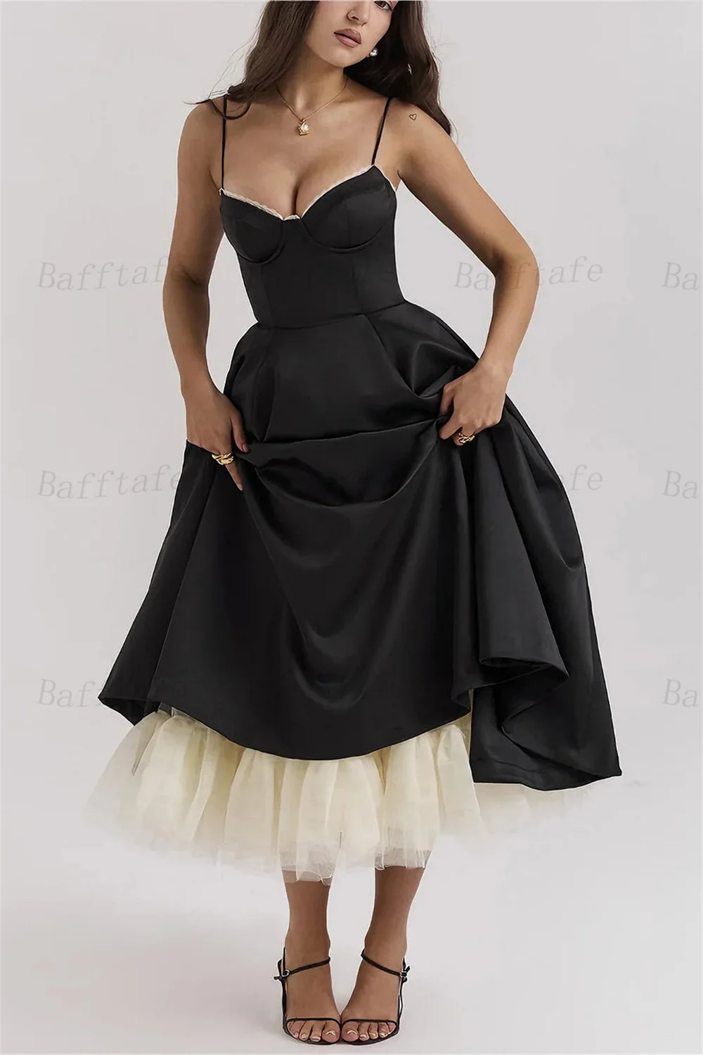 Black A Line Midi Satin Women Prom Dresses Lace Sweetheart Corset Back Formal Evening Party Gowns Korea Photo Shoot Customized