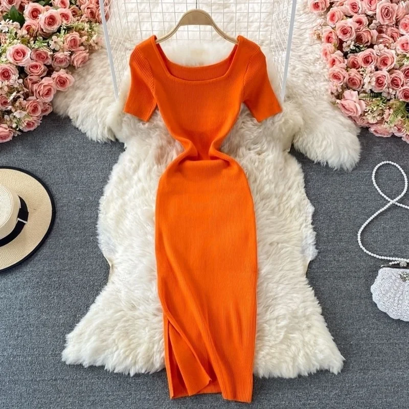 Elegant Women Knitting Midi Dresses Female Casual Short Sleeve Robe Office A Line Vintage Clothing Ribbed Maxi Vestido Clothing