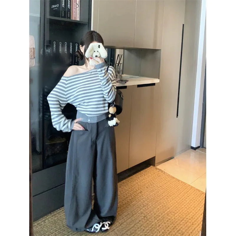 Ladies' Knitted Stripe T-Shirt Shoulder Bared Long Sleeve Lazy Style Korean Fashion Early Autumn Slimming Top City Walk Commu...