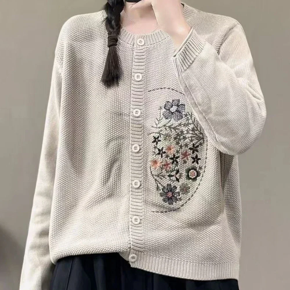 Knitted Top for Women Round O Neck Ladies Sweaters Embroidered Cardigan Purple New Knitwear Tall Tops in Autumn Winter 2024 Cold