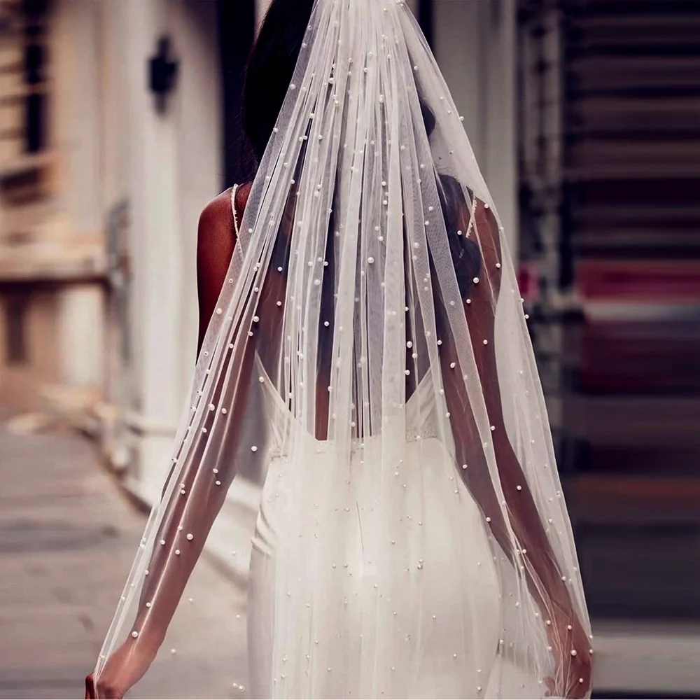 

Hot Sale Cathedral Veil Royal Pearl Wedding Veil 1 Tier 3M With Comb Bridal Veil With Pearl White/Ivory
