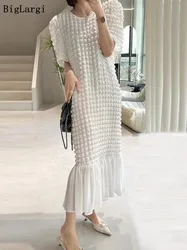 Plaid Dresses For Women O-neck Patchwork Puff Sleeve Loose 2024 Summer Female Solid Color Elegant Clothing