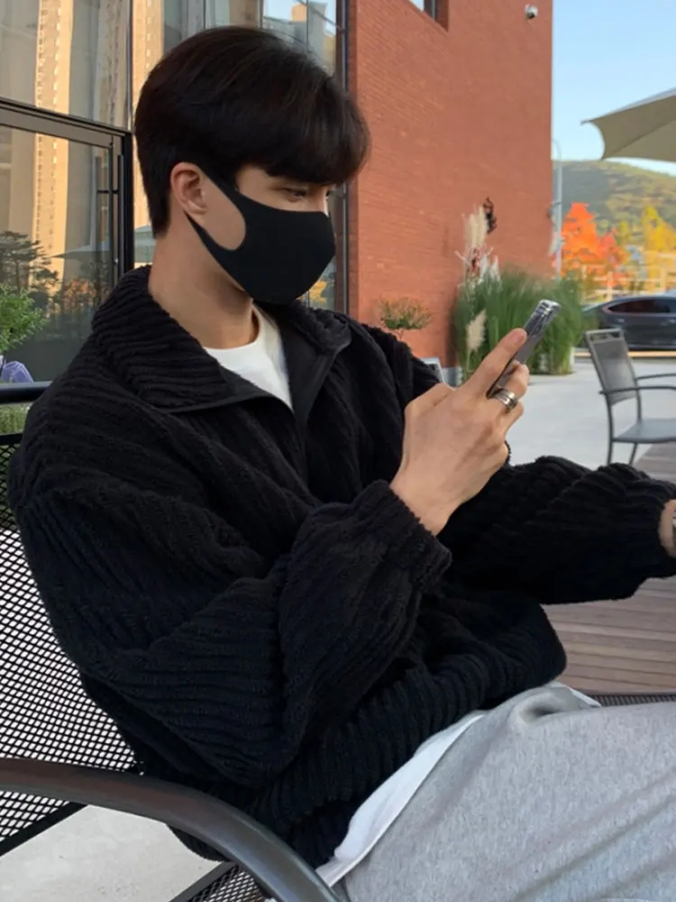 남성용 심플 올 매치 가디건, 데일리 따뜻한 가을 겨울 터틀넥 플리츠 단색 미국 스타일, 남성 캐주얼 슬루시 트렌디